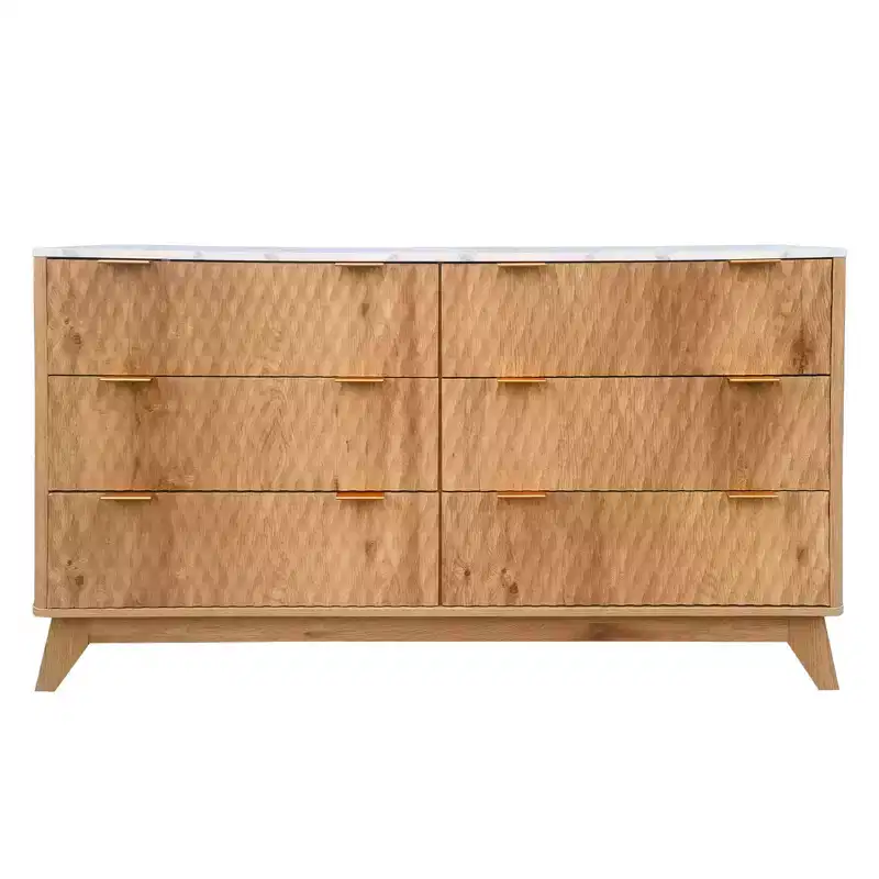 Fluted 6-Drawer Dresser With Faux Marble Top, Modern Curved TV Stand for Bedroom & Living Room, Sturdy Storage Cabinet, Anti-Tip Design