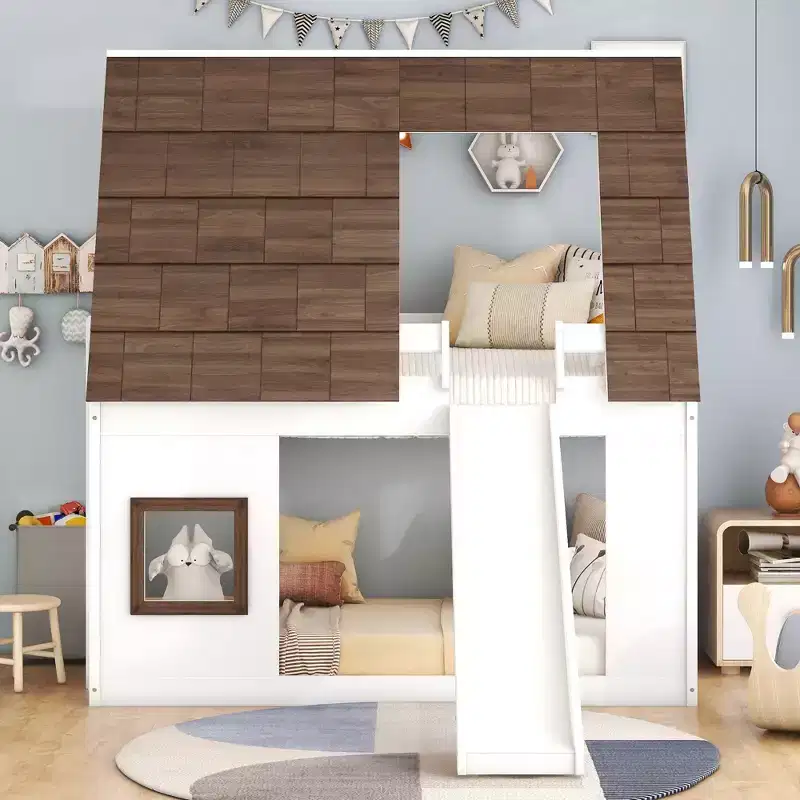 Twin Size Bunk Bed Playful Loft Bed Kids House Bed with Ladder, Slide & Roof, White & Brown - ModernLuxe