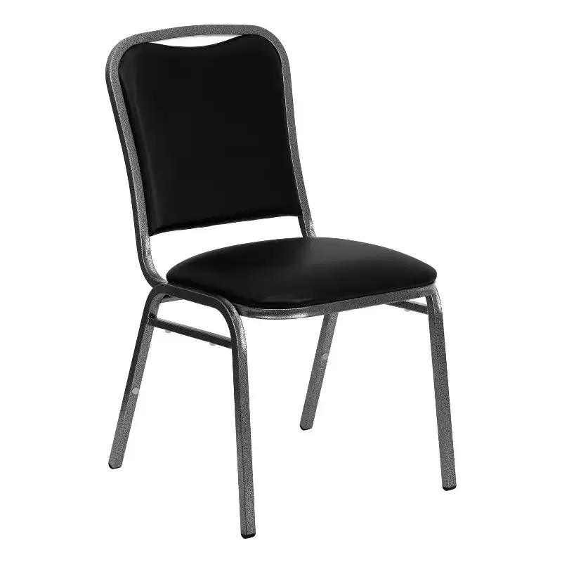 Stacking Banquet Chair, Black Vinyl with Silver Vein Frame