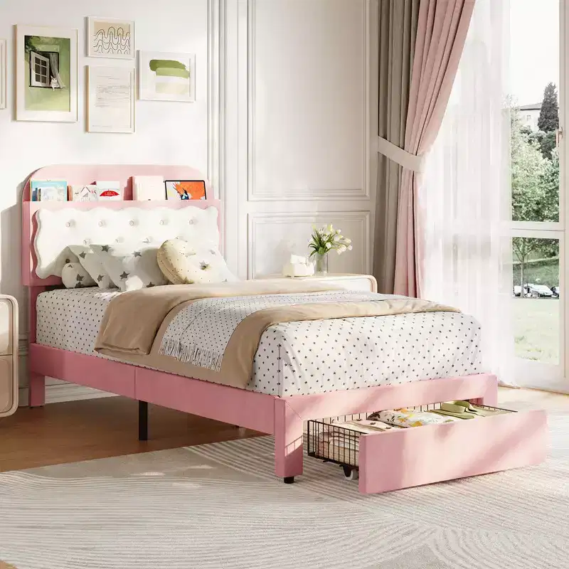 Coolmee Twin Bed Frames, Upholstered Platform Bed with Tufted Storage Headboard, Drawer, Sturdy Wood Slats, No Box Spring Needed, Easy Assembly