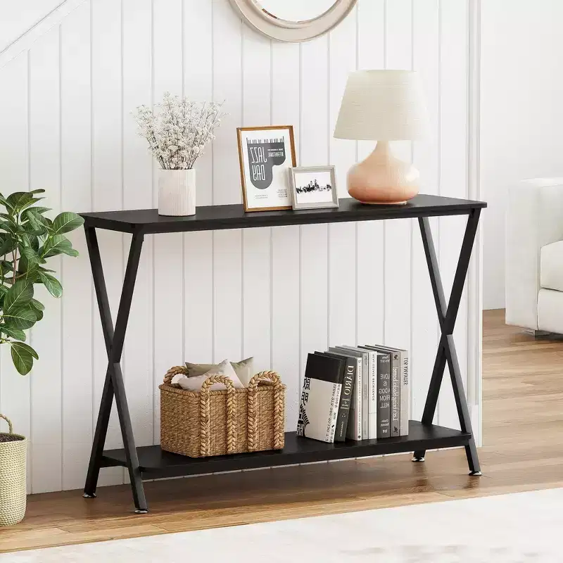 Small Entryway Table, Narrow Hallway Table, 2-Tier Industrial Display Table with Shelves, Couch Table Behind Sofa, Foyer Tables