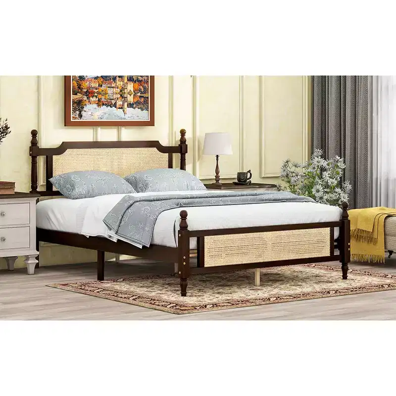 MAYEERTY Full Size Bed with Rattan Headboard, Two Storage Drawers, Rubber Wood Bed Brown