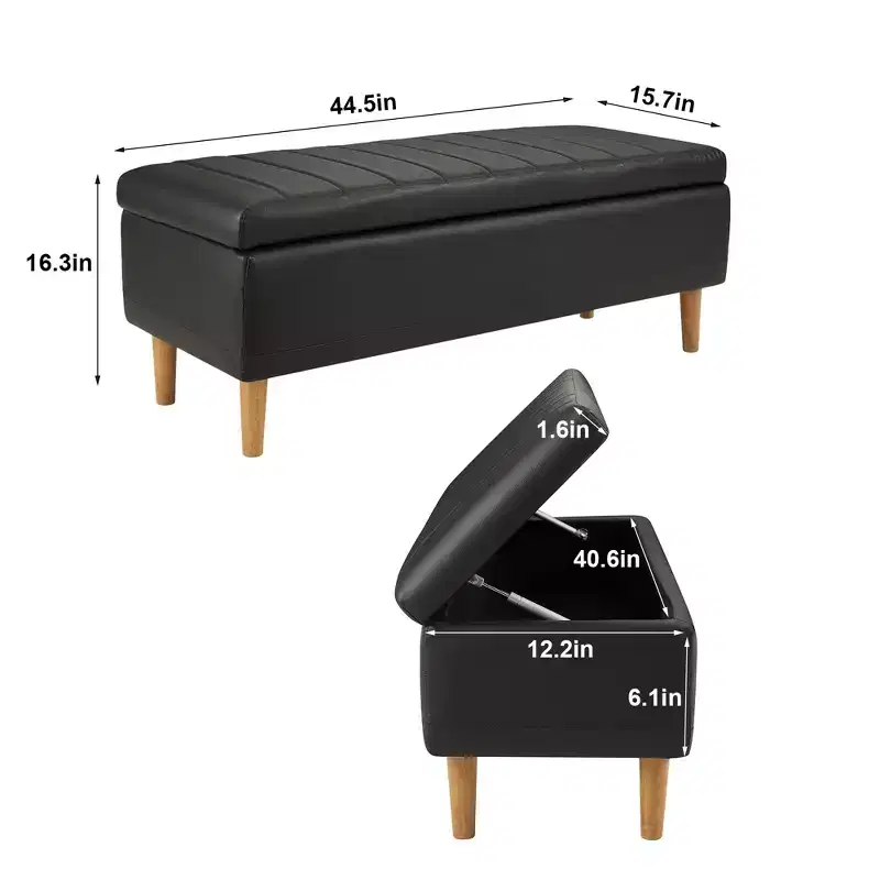 VECELO Modern Soft PU Leather Storage Bench, Ottoman 44 Shoestool with 6.1 Deep Storage Space for Living Room or Bedroom, Easy to Clean, Black