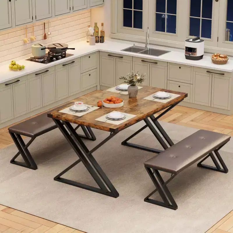Bench-Style Dining Table Set Wooden dining table with 2 benches 4-6 person dining table and chair set Suitable for kitchens and apartments