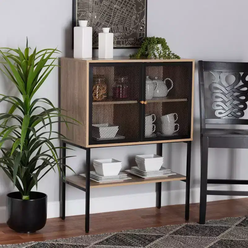 Baxton Studio Asher Wood and Metal 2 Door Sideboard Dining Cabinet Natural Brown/Black : Fixed Shelves, Particle Board Frame