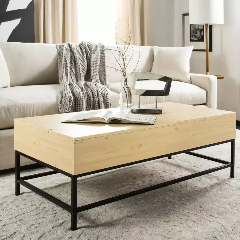 Lift-Top Coffee Table – Light Oak Finish, Black Metal Legs, Hidden Storage, MDF