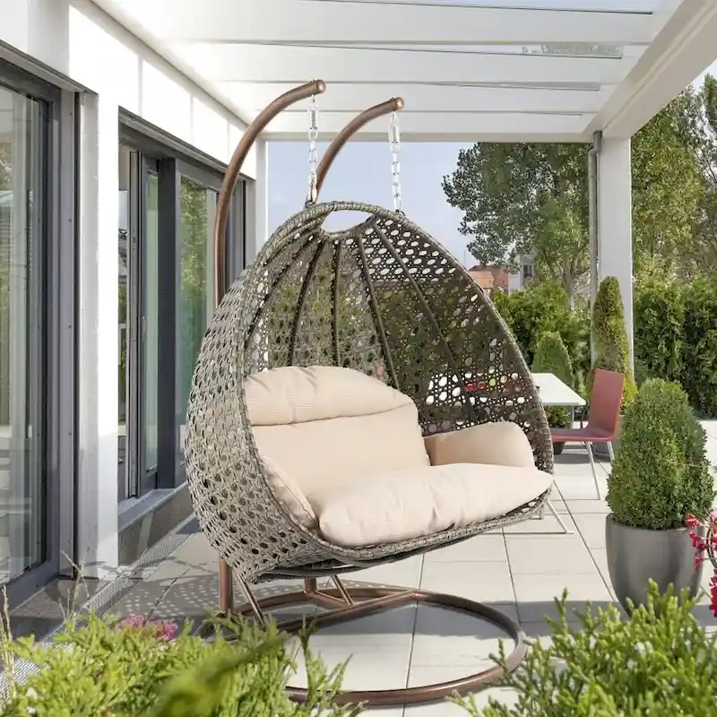Egg-Shaped Hanging Swing Chair with Metal Stand, Wicker Frame & Cushion ¨C Beige / Charcoal Blue / White / Blue / Antique White / Brown / Canvas, Seats 2