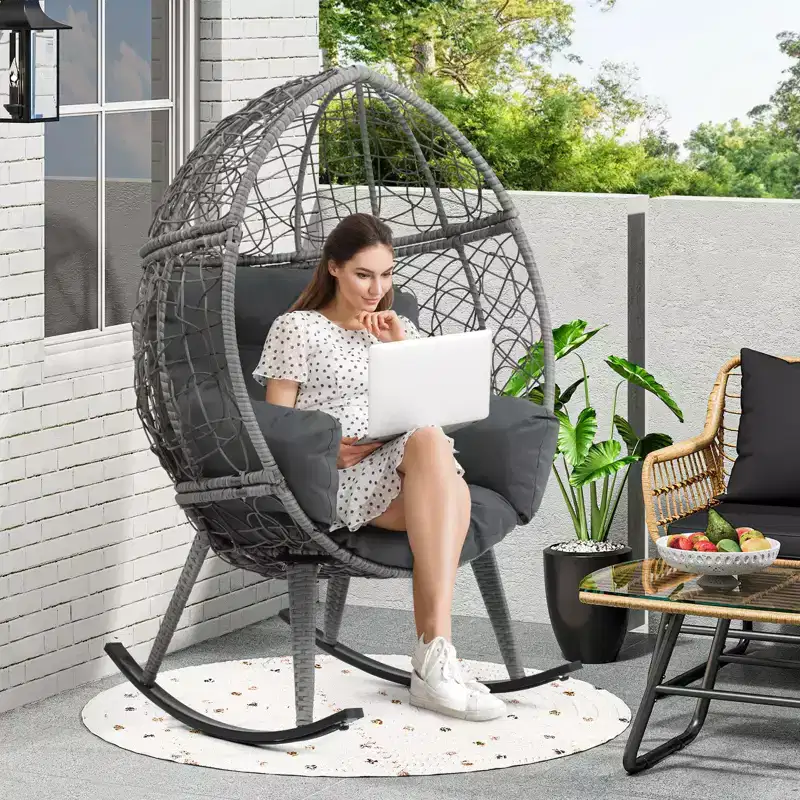 Rocking Egg Chair Wicker Patio Chair Resilient Egg Lounger Chair with Cushioned