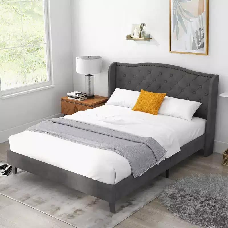 Costway Queen Upholstered Platform Bed Frame w/ Button Tufted Headboard Noise-free