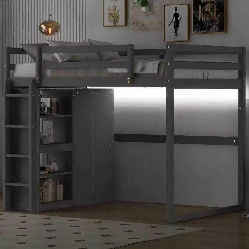Full Size Loft Bed with Built-in Wardrobe, Storage Shelves & LED Light