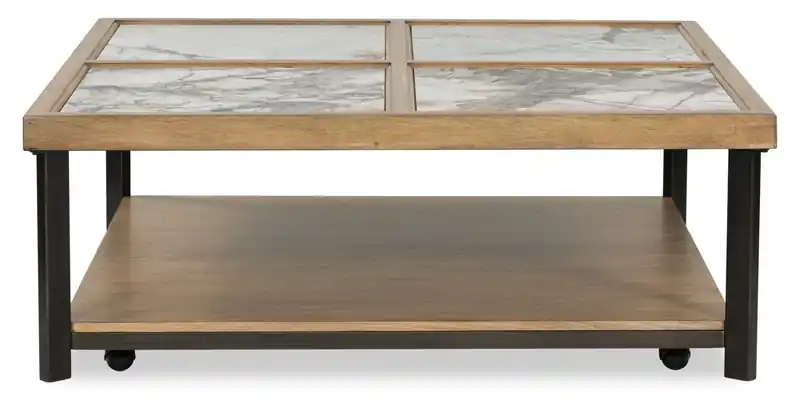 48 Contemporary Coffee Table with Stone Tiles, Shelf and Casters