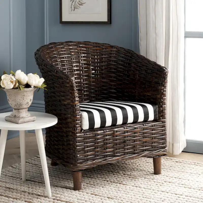 SAFAVIEH Charla Rattan Barrel Chair with Cushion - 29.1 x 27.2 x 32.7 - 29Wx27Dx33H