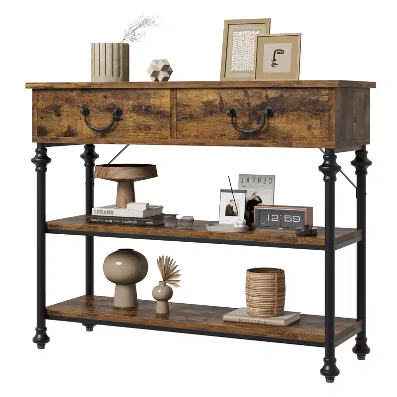 43 L Console Table, Narrow Console Table with Storage, 2 Drawers and 3 Tier Shelves, for Living Room, Hallway Table, Sofa Table