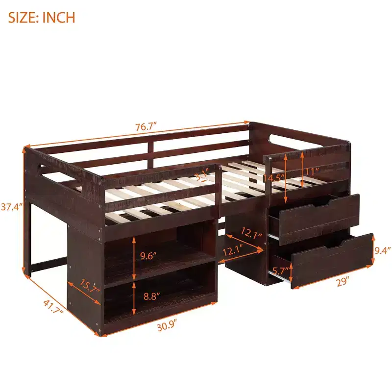 Twin Size Loft Bed with Storage Drawers, Wooden Low Loft Bed with Two Shelves for Kids