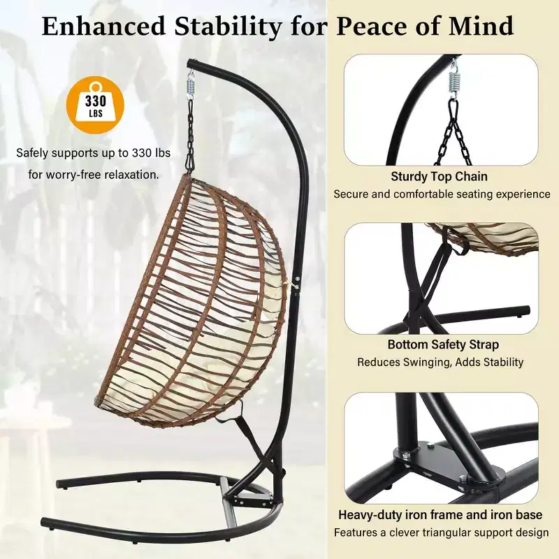 Whisen Single Person Folding Egg Chair with Stand, Hammock Swing Chair with Adjustable Anti-Slip Feet