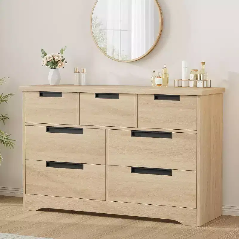 7 Drawer Dresser for Bedroom, Embedded Handles Design, Modern Wooden Drawer Cabinet, Space-Saving Compact Storage, for Living Room, Hallway