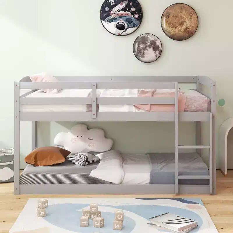 Costway Twin over Twin Low Bunk Bed with Guardrails Integrated Ladder Kids Wooden Grey/White/Beige/Pink