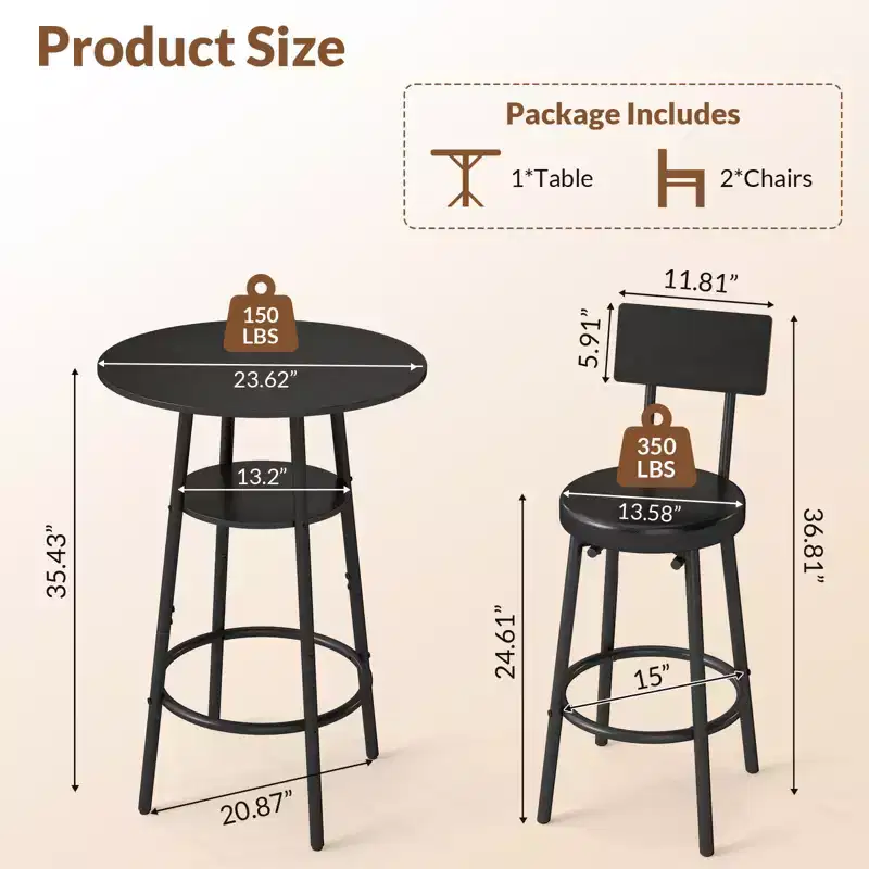 Zevemomo 3 Pieces Round Bar Table Set, Small Dining Table for 2, with Storage,2 Thickened Cushion Stools with Backrest for Dining Room & Bistro-Black