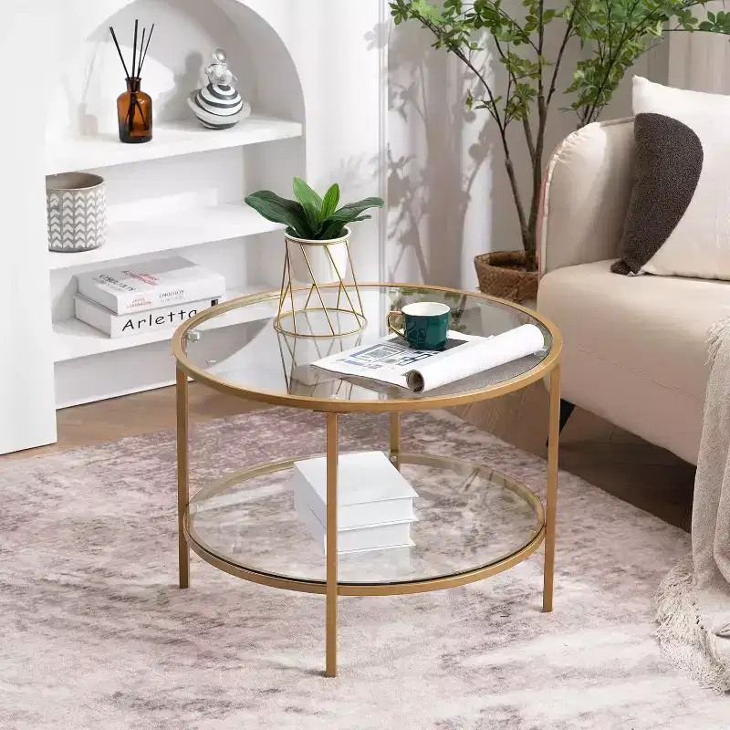 VINGLI 25.6 Round Gold Coffee Tables, 2-Tier Glass Coffee Table with Storage, Simple & Modern Center Table for Living Room