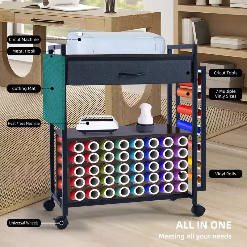 Mobile Craft Storage Cart with Vinyl Roll Holder & Heat Press Stand,Compatible Organizer with Wheels and Drawer for Craft Room