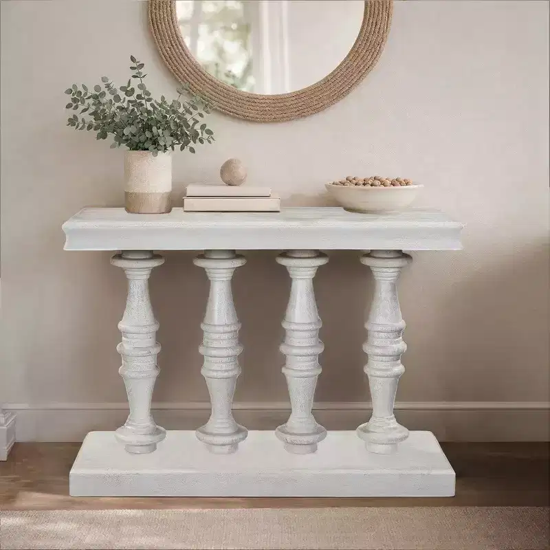 Sofa Console Table, 42 Inch Top, Sandlasted Washed White Mango Wood, Turned Pillar Legs