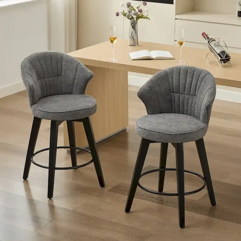 White / Blue / Dark Grey Swivel Bar Stools, Set of 2, Chenille Cushioned Counter Height Chairs with Metal Legs