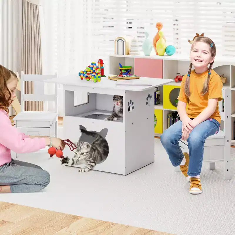 Costway 3 PCS Kids Table and Chairs Set Furniture w/Cat House Hole & Window 2 Chairs