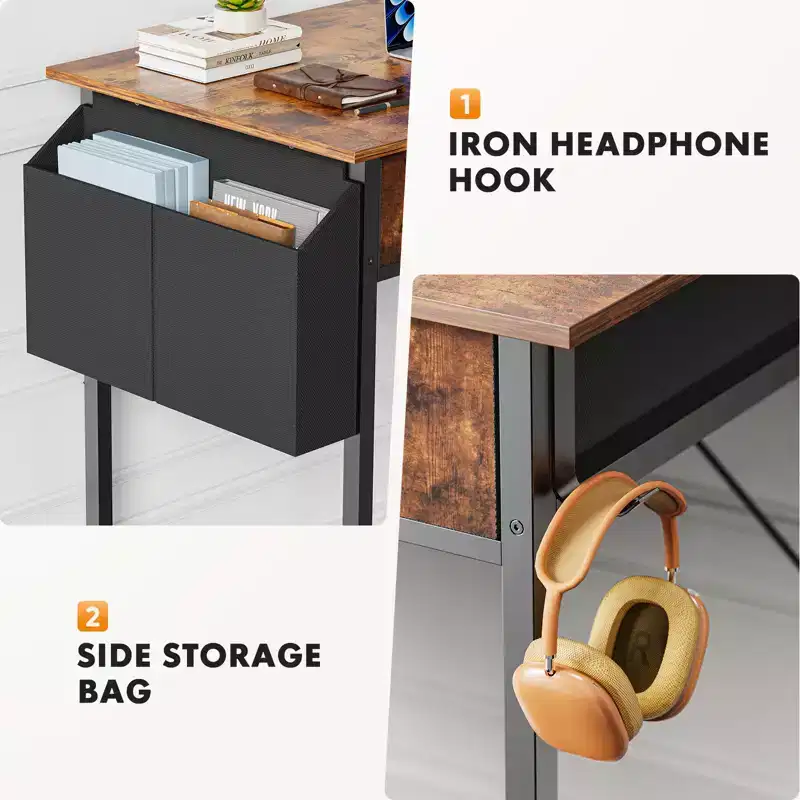 Computer Desk with Storage, Small Home Office Writing Study PC Table with Fabric Side Bag & Headphone Hook, Metal Frame 32 x 15.7 x 30.6)