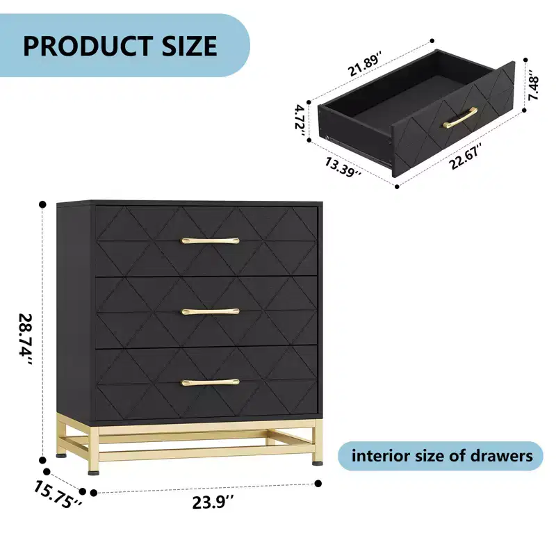 Chest of Drawers with 3 Drawer, Wooden Dresser for Bedroom, Nightstand for Storage and Organization
