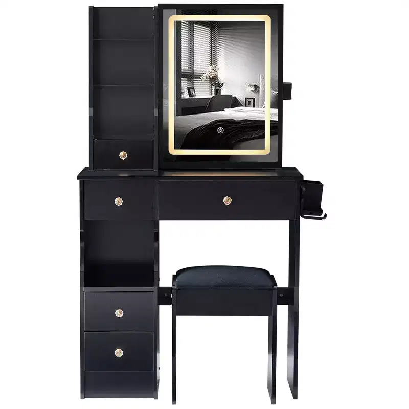 Vanity Table Set with Outlets, LED Mirror with 3-Color Adjustable Lights, 5 Drawers, and Padded Stool for Bedroom.