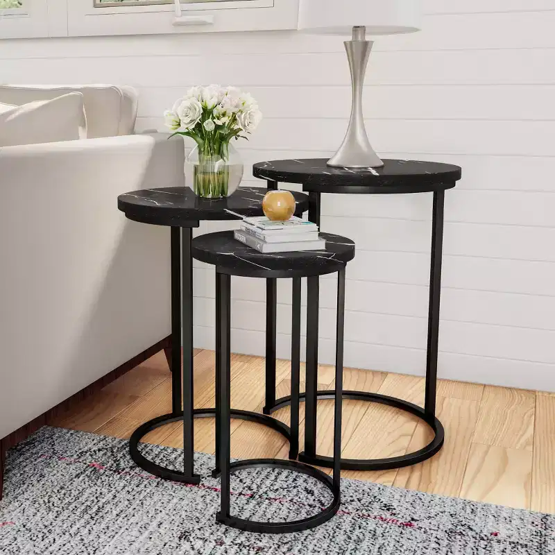Hasting Home Set of 3 Round Living Room End Tables  Modern Faux Marble Top and Black Metal Base Nesting Tables or Nightstands
