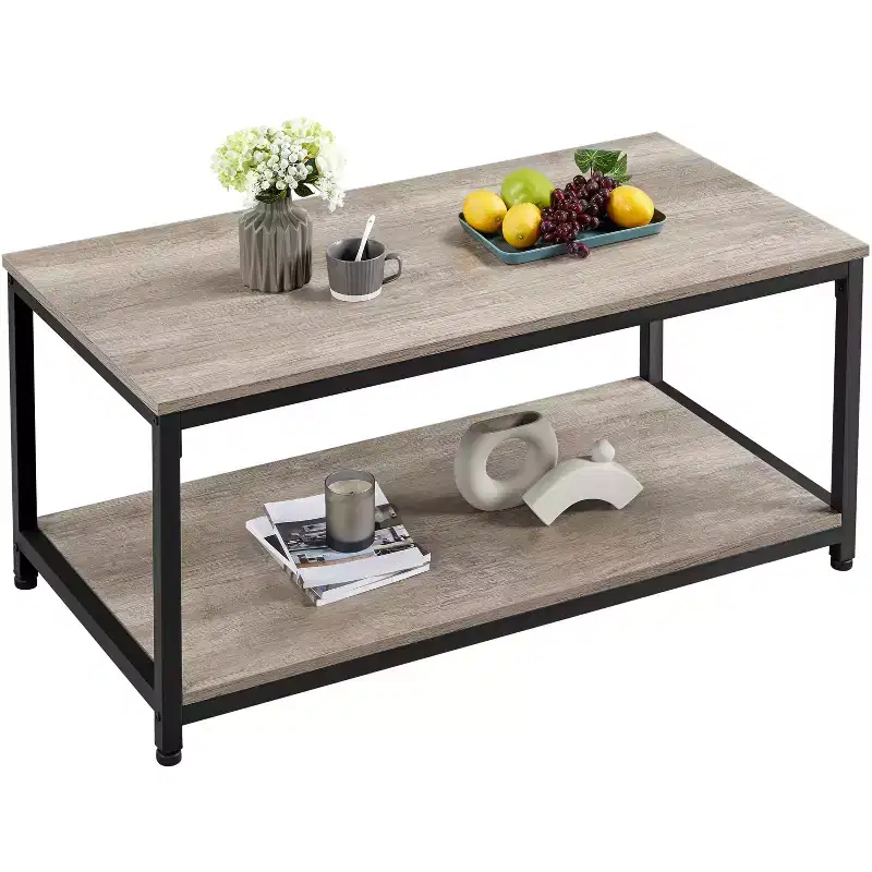 Wood Industrial Coffee Table with Storage Shelf for Living Room