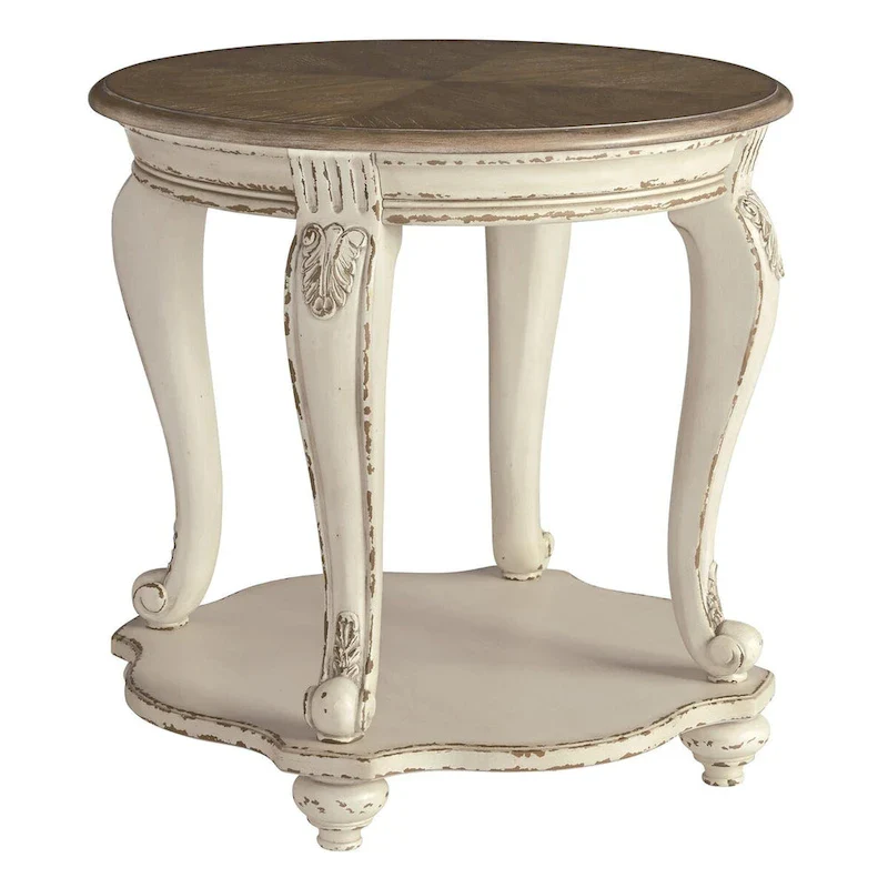 Round Wooden End Table with Open Bottom Shelf, Brown and Antique White