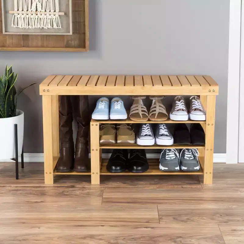 Hastings Home 3-Tier Bamboo Shoe and Boot Rack Bench with Seat Storage - Natural Wood