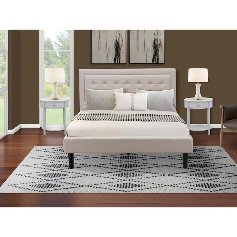 Platform Bed - Upholstered Linen Fabric Headboard with Button Tufted Trim - Black Legs