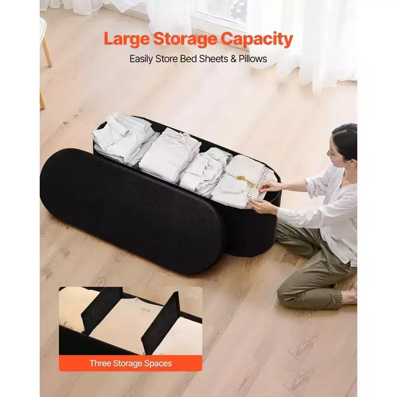 Oval Foldable Storage Ottoman Bench – Black Teddy Fleece, 660 lb, 3-Compartment, 43