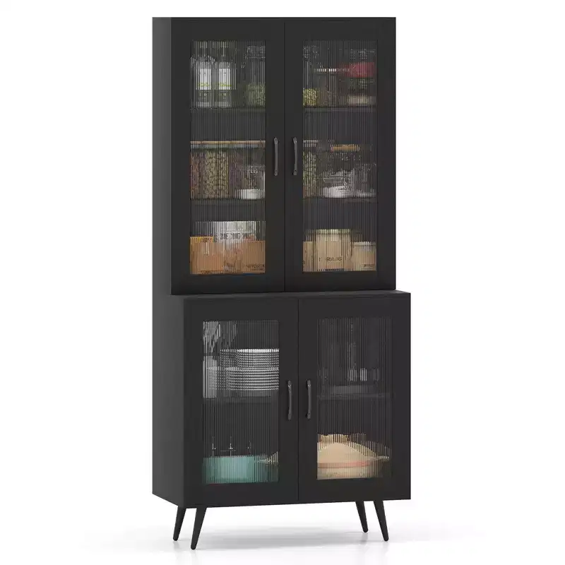 Kitchen Pantry Cabinet with Translucent Fluted Doors & Adjustable Shelf, 70.5