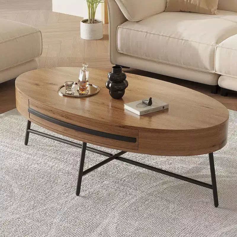 Oval Coffee Table with Drawer, 47.2 Mid-Century Modern Wooden Center Table with Storage