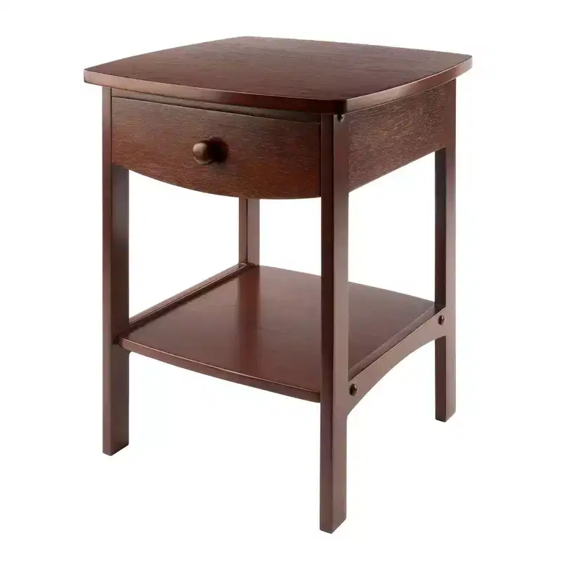 Walnut Rectangular End Table with Drawer and Shelf, Hardwood Frame, 18