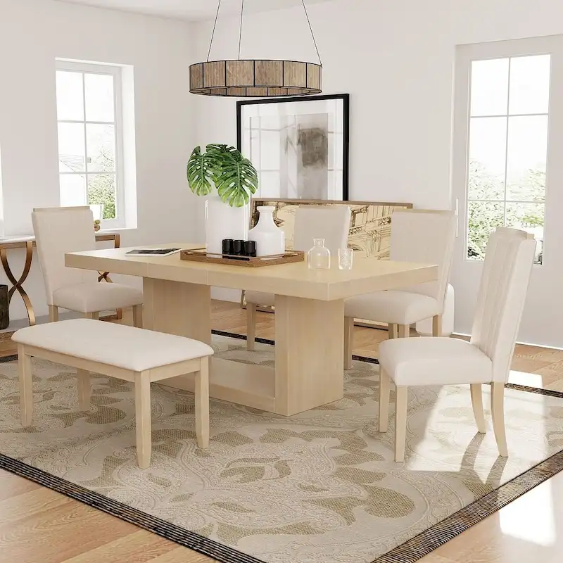 Contemporary 6-Piece Extendable Wood Dining Table Set Kitchen Table Set with Upholstered Bench and 4 Dining Chairs