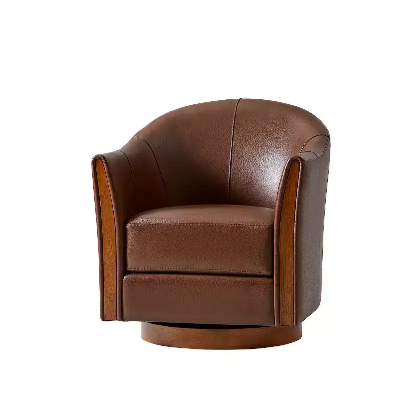 Transitional Genuine Leather Swivel Barrel Chair with Solid Wood Base