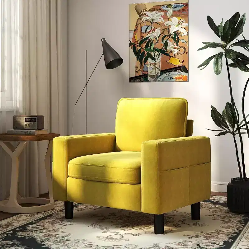 33 in. Modern Accent Chair with Arms and Cushions, Mustard