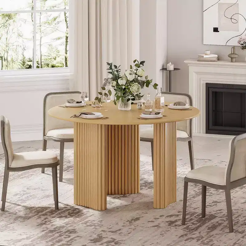 PexFix 46 Round Dining Table Kitchen Table for 4 with Arc-Shaped Edge Top and Fluted Pedestal Legs for Living Room Dining Room Coffee Office Natural