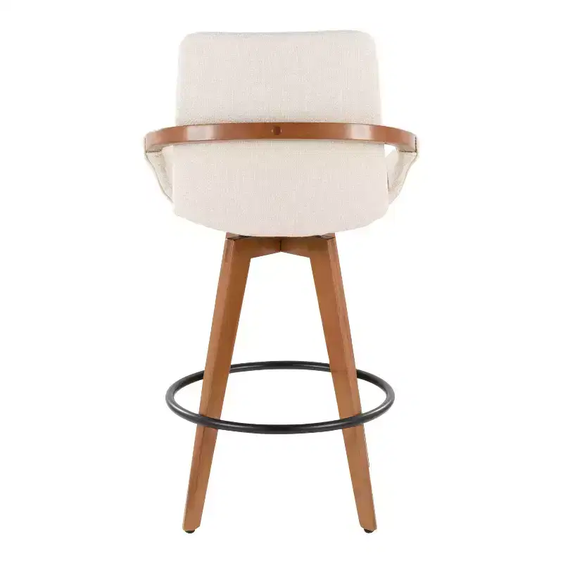 Mid-Century Counter Height Barstool, Walnut Bamboo Frame, Cream Fabric, 360° Swivel