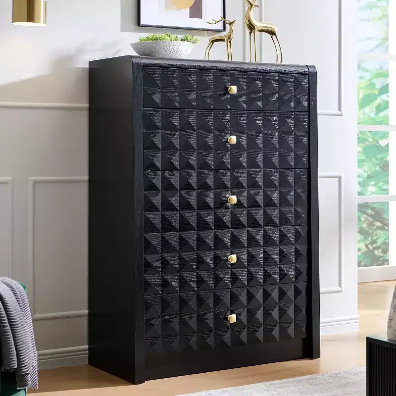 SinCiDo 5 Drawer Dressers for Bedroom, Wood Tall Closet Chest of Drawers with Diamond Panel Decorate, Mid Century Modern Storage Organizer