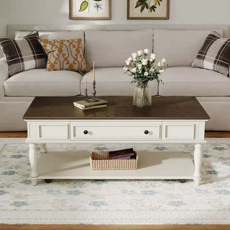 Vintage Coffee Table, 1 Drawer, Easy Assembly, Movable Rectangular Center Table with Locking Wheels, Country-Style Wooden for Living Room