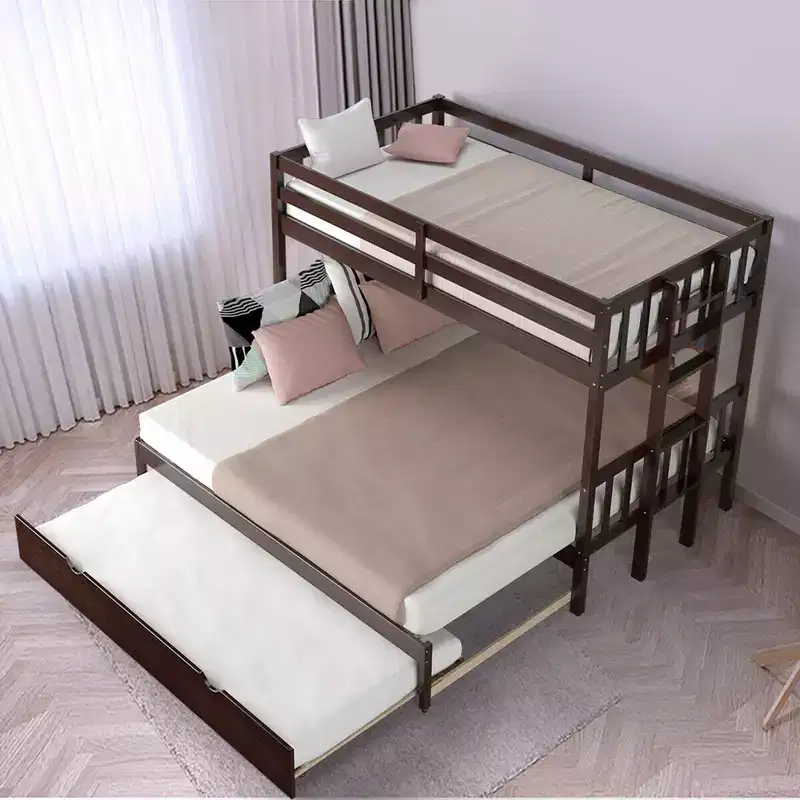 Twin Over Twin Pull-Out Bunk Bed with Trundle Wooden Ladder White\Espresso