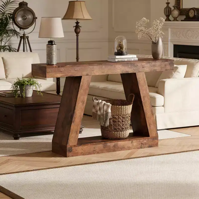 Wooden 2-Tier Sofa Table with Open Storage Shelves for Hallway, Porch, Corridor