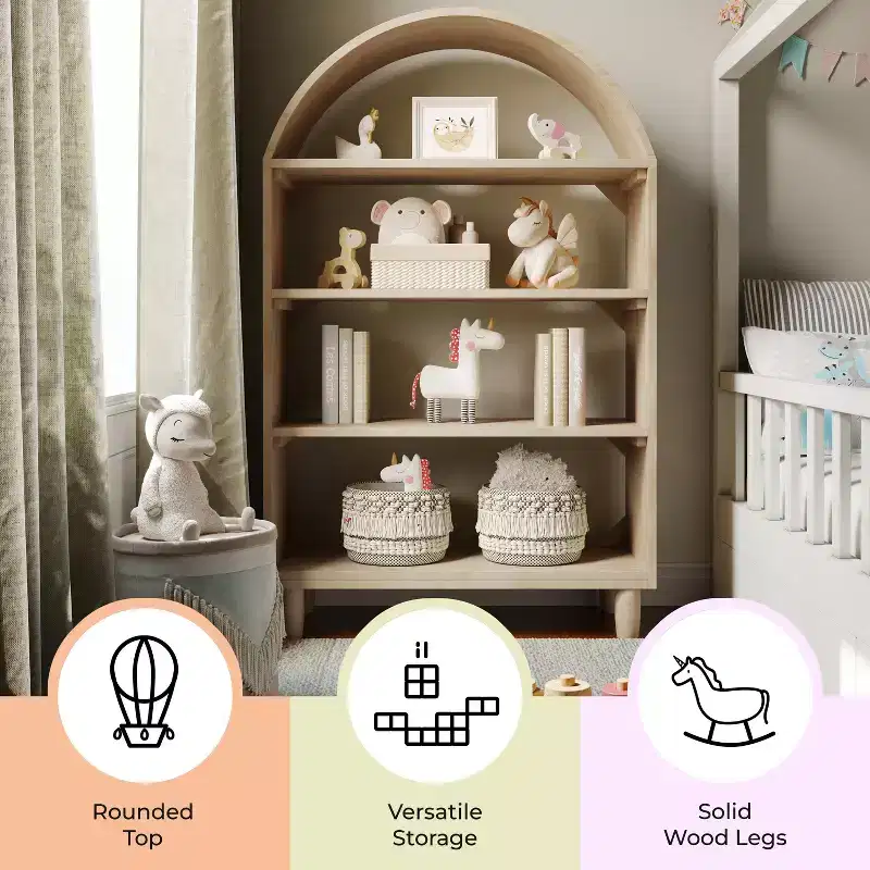 Buzz & Bloom Wood Open Bookshelf with Covered Rounded Top, 4 Shelves, and Cylindrical Legs