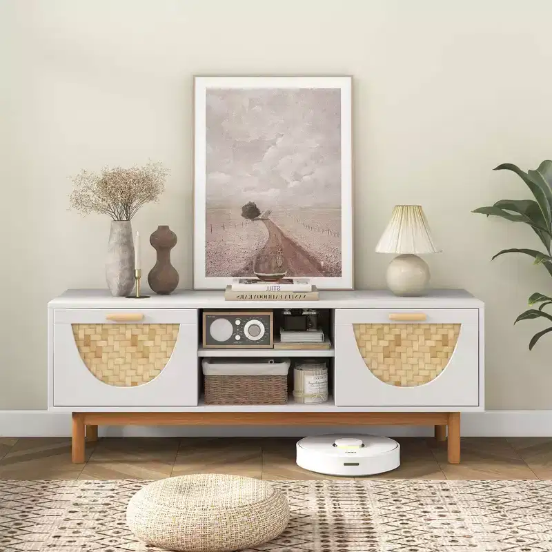 Costway TV Stand for 55-Inch TVs with 2 Drawers & Bamboo Woven Fronts Solid Wood Legs White